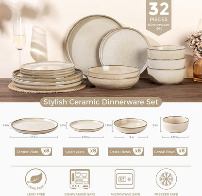 Dinnerware Sets for 8, 32 Pieces Ceramic Plates and Bowls Set8