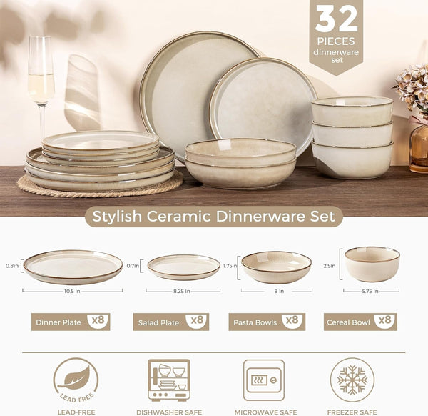 Dinnerware Sets for 8, 32 Pieces Ceramic Plates and Bowls Set8