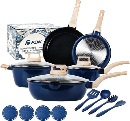 16Pcs Titanium Pots and Pans Set,Toxic-Free Cookware Set, Dishwasher & Oven Safe, Induction Compatible with Bakelite Wood Grain Handle, Compact and Durable1
