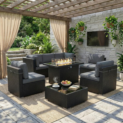 8 Piece Patio Furniture Set with 44" Propane Gas Fire Pit Table, Outdoor Sectional Conversation Set Wicker Rattan Sofa Set with Coffee Table1