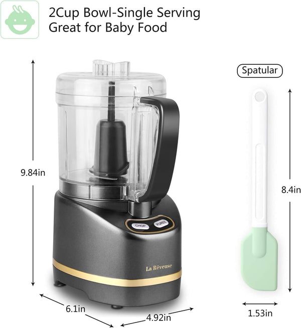 2 Cup Mini Food Processor, Electric Chopper Small, Metallic Grey | for Mincing, Chopping, Grinding, Blending, Puree, 2 Pulse Speeds, Dishwasher Safe, (1) Spatula Included, 200 Watts, LARB1814B3