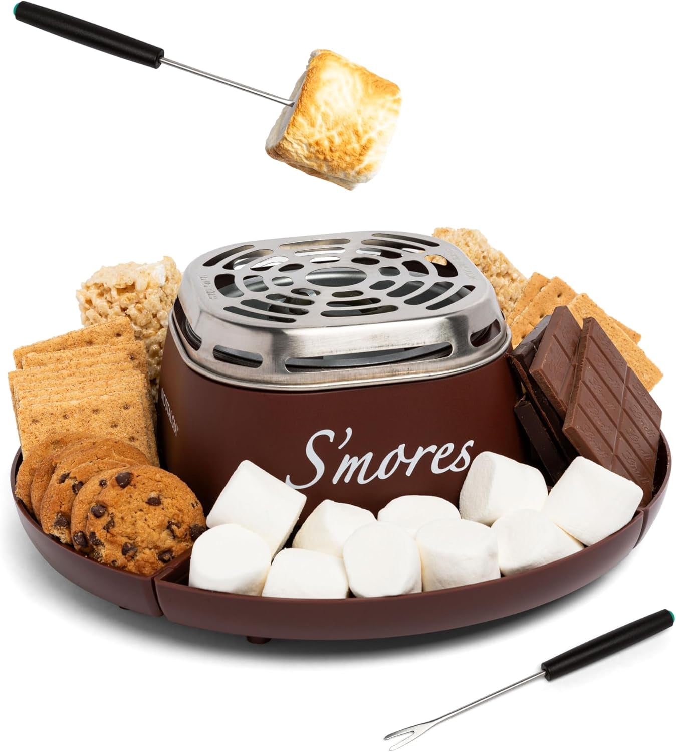 tabletop-indoor-electric-smores-maker-smores-kit-with-marshmallow-roasting-sticks-and-4-trays-for-graham-crackers-chocolate-and-marshmallows-movie-night-supplies-brown