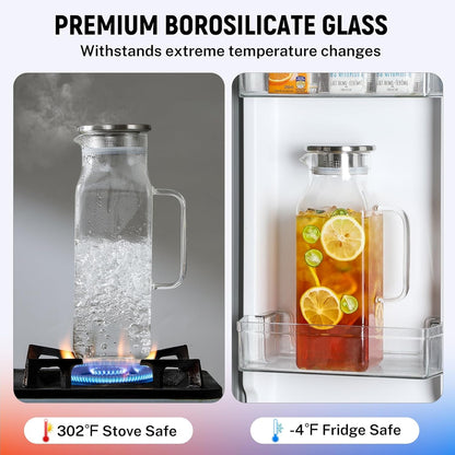 2 Pack 2.22 Liters/75 Oz Square Glass Pitcher with Lid and Handle for Fridge, Iced Tea and Coffee Carafe Beverage Serveware, Heat Resistant Borosilicate Water Jug for Hot/Cold Drinks and Milk4