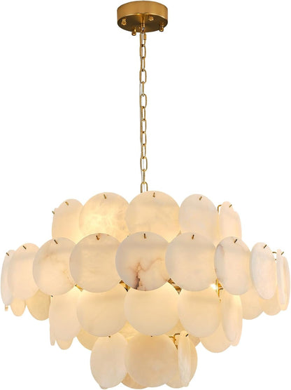 Natural Alabaster round Chandelier, 31.5" Modern Marble Chandelier with 50 Stone Texture Panels, 12-Light Dimmable Spanish Alabaster Chandeliers for Living Room, Dining Room, Hallway1