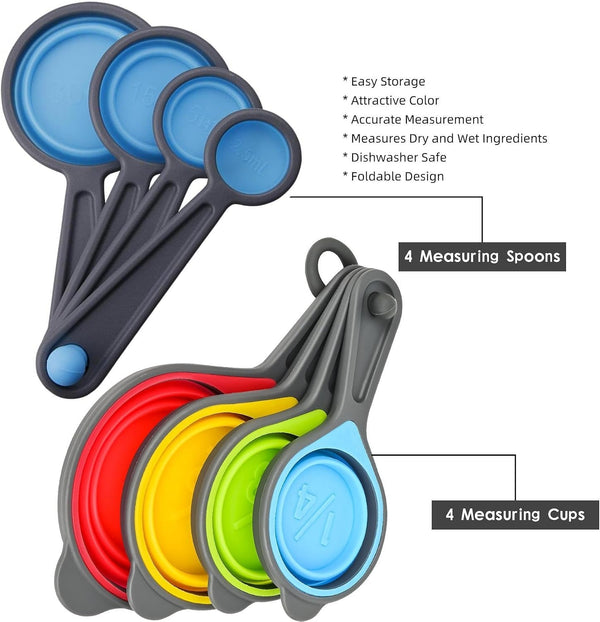 Measuring Cups and Spoons Set, Collapsible Measuring Cups, 8 Pieces Measuring Cups&Spoons Set, Engraved Metric & US Markings for Liquid&Dry Measuring, Space Saving, BPA Free Colorful Silicone2