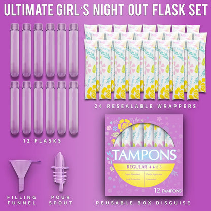 Tampon Flasks 12 Pack (18 Oz Total) - Hidden Alcohol Travel Flasks for Women - Secret Liquor Containers for Nightclubs, Festivals, Cruises, and Sports Events – Includes Funnel & Spout6