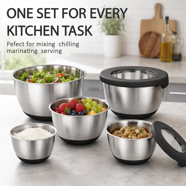 Stainless Steel Mixing Bowls with Lids – Set of 5 Large Nesting Metal Bowls for Kitchen, Baking, Cooking, Food Prep & Storage, Non-Slip Base, Dishwasher Safe,Black7