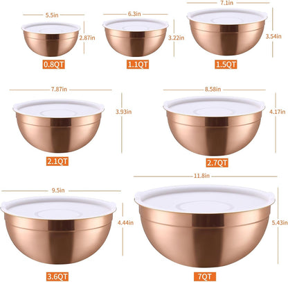 Rose Gold Mixing Bowls with Lids Set of 7, Stainless Steel Nesting Bowl with Khaki Lid for Non-Slip Mixing Prepping Storing Serving, 7 Sizes-7/3.6/2.7/2.1/1.5/1/0.8 QT2