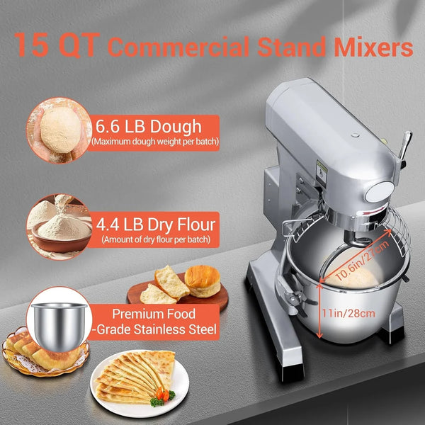 15Qt Commercial Mixer, Commercial Food Mixer 3 Adjustable Speeds with Timing Function, Heavy Duty Stand Mixer with Stainless Steel Bowl for Bakery Pizzeria Bread Dough (Upgraded)2