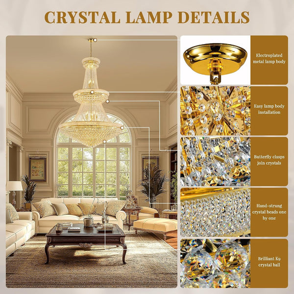 Grand Gold Crystal Chandelier - 48-Inch 3-Tier Empire Style with 42 LED Bulbs, 680 K9 Crystals, Adjustable Chain for Luxury Foyers & Staircases, Gold3
