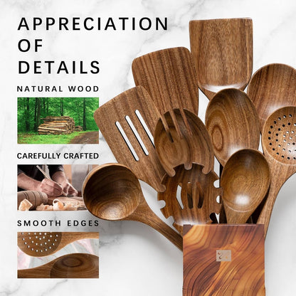 Wooden Spoons for Cooking, 10-Piece Acacia Wood Cooking Utensil Set | Spoons and Spatulas Stir, Mix, Flip and Serve; Balanced Handles Offer Control While Staying Gentle on Nonstick Cookware.4
