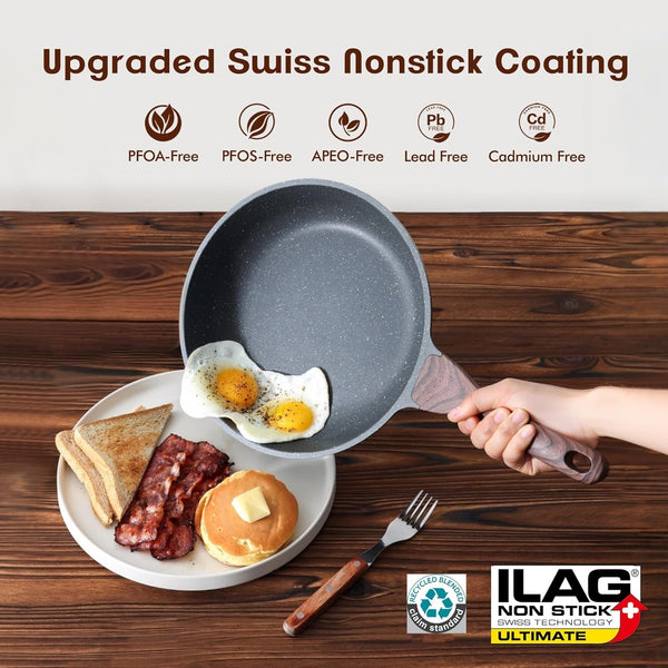 Nonstick Frying Pans, Grey(9.5+11+12.5 Inch) | Swiss Granite Coating, Free of PFOA&PFOS, Compatible with All Stoves Including Induction Cooktops, Easy to Clean2