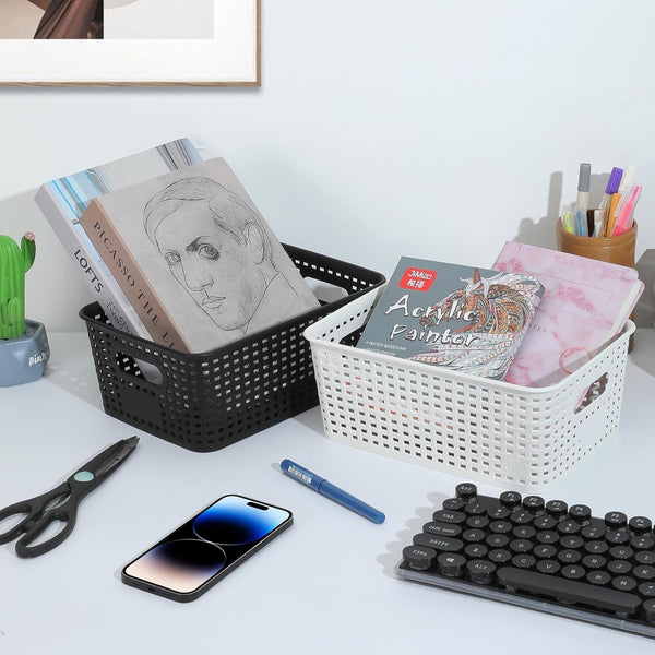 Plastic Storage Baskets 6 Pack Sturdy Storage Organizer Basket Woven Plastic Storage Bins for Shelves,Closet,Countertops, Desktops, Cabinets and Badrooms,Saving Storage, Stylish Design,Black3