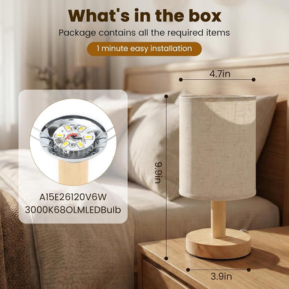 Small Table Lamp Set of 2, round Short Bedside Lamps 2700K Warm LED with Linen Shade & Wood Base, USB Mini Nightstand Lamps for Bedroom Desk6