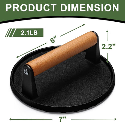 Burger Press, 7" round Heavy-Duty Cast Iron Smash Bacon Press Meat Steak with Wood Handle for Griddle, Sandwich, Nonstick Pan2