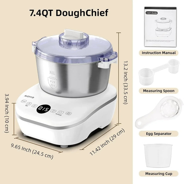 AIZIYO 7.4QT DoughChief automatic dough mixer with dimensions and accessories9