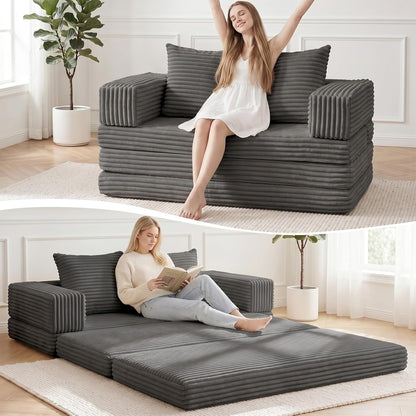 Boneless Loveseat Sofa Bed,Small Couch Bed Futon Sleeper Sofa,Convertible Pull Out Couch with Removable Armrests Backrest,Corduroy Folding Floor Boneless Couch for Living Room,Small Space,Grey1