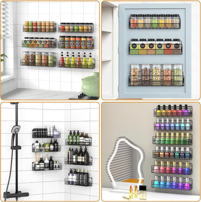 Wall Mounted Spice Rack Organizer, Pantry Door Organizer & Hanging Storage Baskets, Metal Spice Shelf for Kitchen Cabinet, 3 Depth Sizes Hold Large Jars to Nail Polish Bottles, 6 Pack7
