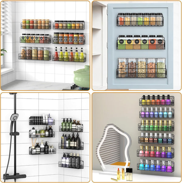 Wall Mounted Spice Rack Organizer, Pantry Door Organizer & Hanging Storage Baskets, Metal Spice Shelf for Kitchen Cabinet, 3 Depth Sizes Hold Large Jars to Nail Polish Bottles, 6 Pack7