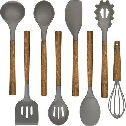 Silicone Cooking Utensil Set, 8-Piece Kitchen Utensils Set with Natural Acacia Wooden Handles,Food-Grade-Silicone Kitchen Gadgets and Spatula Set for Nonstick Cookware - Grey1
