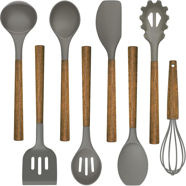 Silicone Cooking Utensil Set, 8-Piece Kitchen Utensils Set with Natural Acacia Wooden Handles,Food-Grade-Silicone Kitchen Gadgets and Spatula Set for Nonstick Cookware - Grey1