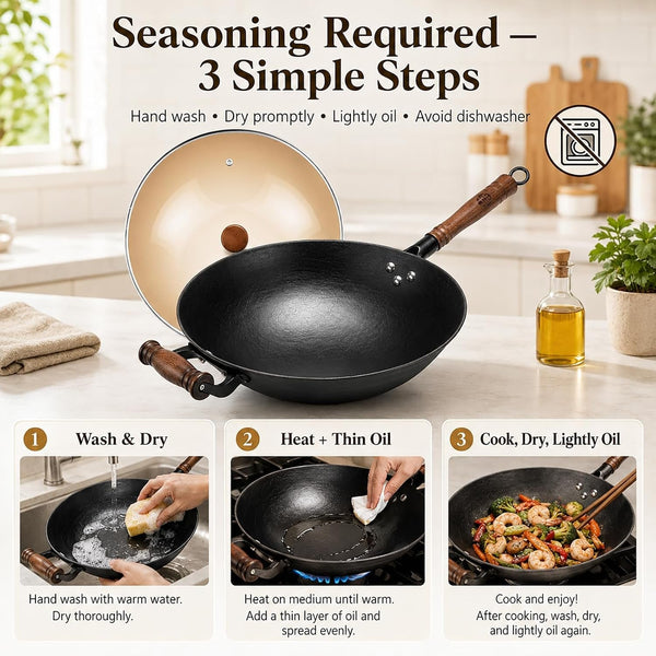 14.17” Cast Iron Wok with Glass Lid – Traditional round Bottom Chinese Wok for Gas Stove & Open Flame (Wok Ring Required) – Uncoated Clay-Mold “Turtle Shell” Texture – Seasoning Needed6