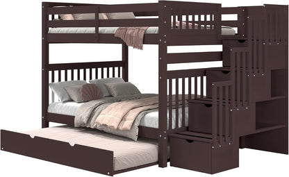 Stairway Bunk Beds Full over Full with 4 Drawers in the Steps and a Full Trundle, Dark Cherry2