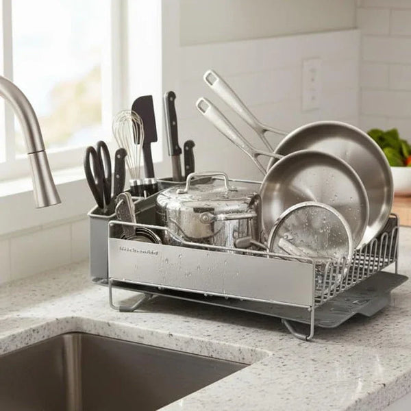 Kitchenaid Large Capacity Full Size Rust Resistant Dish Rack with Angled Drain Board and Removable Flatware Caddy, Light Grey2