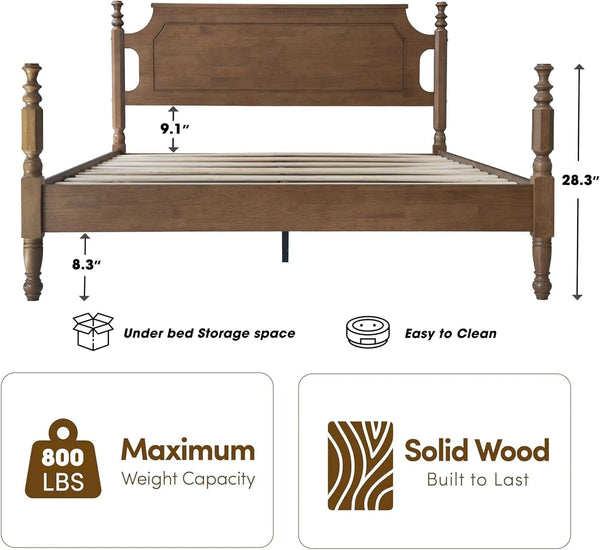 Solid Wood Queen Size Bed Frame with Headboard & Footboard, 12 Strong Slats, Center Metal Legs, Anti-Slip & Noise-Free Design, No Box Spring Needed, Quick Assemble, Barnwood Finish, ROQ-302