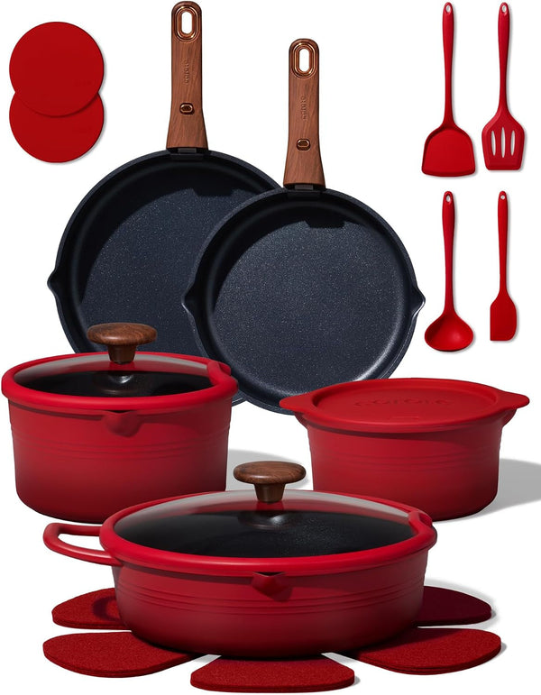 20Pcs Titanium Cookware Set, Pots and Pans Set Detachable Handle | Non-Stick, Non-Toxic, Induction Compatible, Dishwasher & Oven Safe, Space Saving, Camping Cooking, Red1