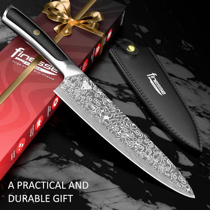 8" Professional Chef Knife, 67-Layer Damascus Steel Kitchen Knife with Ergonomic Handle, Premium Knife for Home & Professional Cooking + Leather Sheath & Gift Box7