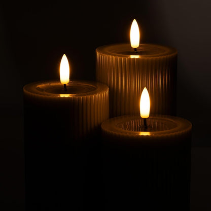 Ribbed Fluted Real Wax Flameless LED Pillar Candles, Loden Sage Olive Green, Melted-Wax Top Look, Flickering Flame, Battery Operated, Remote & Timer, Shelf & Wedding Decor (Set of 3)9