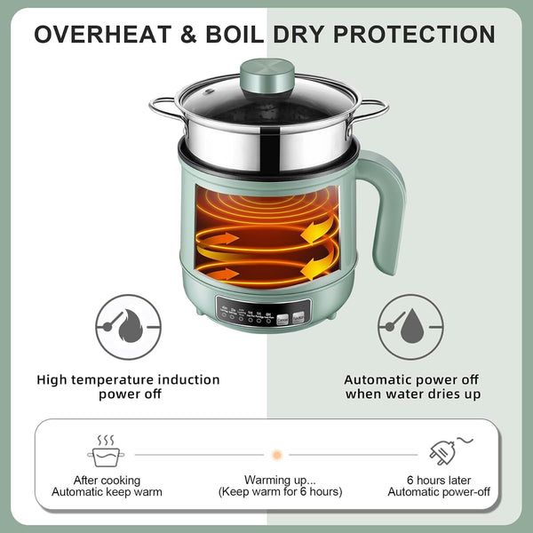 Smart Mini Hot Pot with Timer and Automatic Shut off 1.2L Non-Stick Rapid Noodle Cooker W Stainless Steel Steamer Basket 600W Quick Cook 5 Cooking Modes for Soup, Rice (1Cup) , Porridge, Pasta Great for 1-2 Persons (Green)7