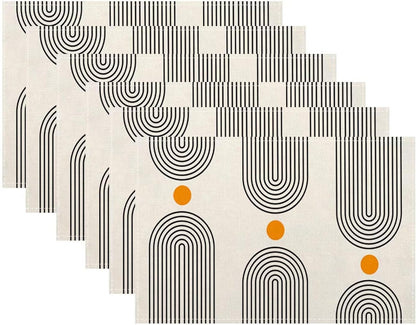 Boho Mid Century Placemats 12X18 Inch Set of 6, Abstract Simple Sun Arch Pattern Table Place Mat Boho Modern Yellow Spot Washable Table Mats Decorative Linen Fabric Table Mat for Dining Table1