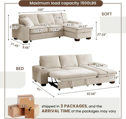 99" Convertible Sleeper Sofa Bed,L Shaped with Storage Chaise Pull Out Couch for Living Room,Usb and Type-C,Removable Washable Chenille Covers (Beige)3