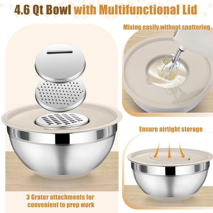 Mixing Bowl with Lid Set of 3, Stainless Steel Salad Bowls, Khaki5