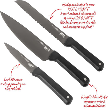 ICED Knife Set 3 Piece, Ice Hardened German Stainless Steel, Razor Sharp Titanium Coated Blades, Chef Bread and Prep Knives, Everyday Kitchen Knife Set9