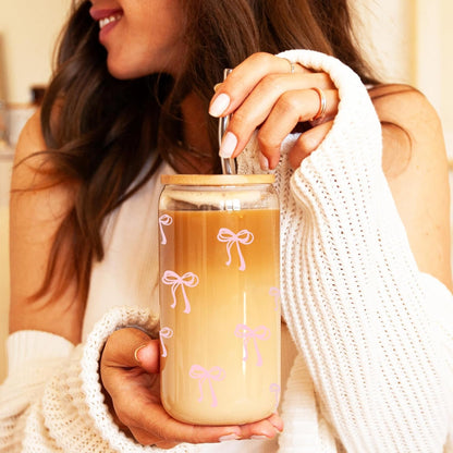 Coquette Cute Pink Bow Glass Cups with Lids and Straws, Aesthetic Iced Coffee Matcha Cup, Girly Preppy Design Tumbler Mug, Valentines Christmas Birthday Gifts for Women, Teen Girl Gifts Trendy Stuff4