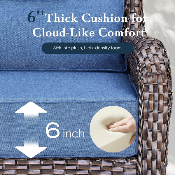 Luxury 6" Thick Cushioned 5 Pieces Patio Furniture Set with Fire Pit Table, Wicker Outdoor Conversation Set with High Back Swivel Rocker Chairs for Deck Porch Yard and Poolside - Brown+Blue4