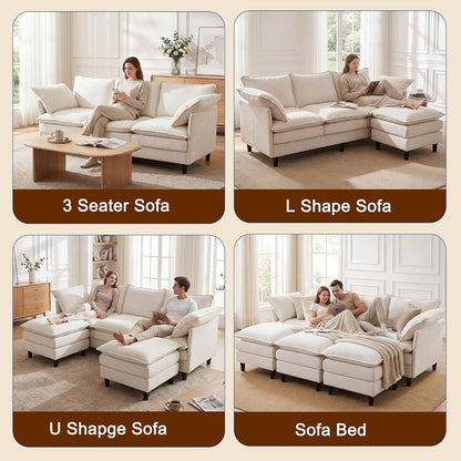69" Couch Sofa L-Shape 3 Seat with Ottoman, Small Cloud Sofa Double-Layer Cushion 23" Deep Seat Washable Chenille Pillows Couches for Living Room Apartment Office 69-Beige-L8