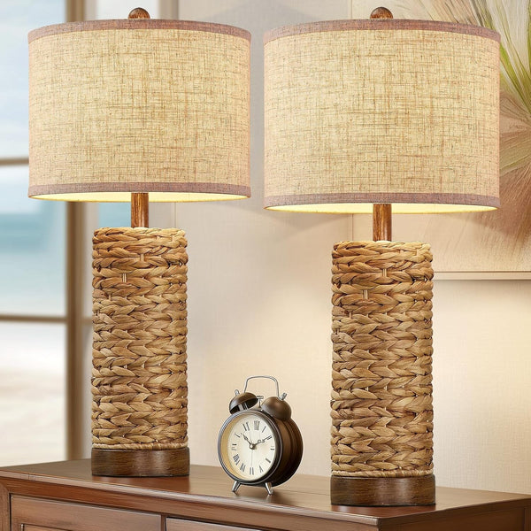 27.5'' Tall Natural Rattan Table Lamps Set of 2, Hand - Woven Wicker Lamp with Linen Shade, Rustic Coastal Boho Style Table Lamps for Bedroom, Living Room, Home Decor1