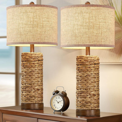 27.5'' Tall Natural Rattan Table Lamps Set of 2, Hand - Woven Wicker Lamp with Linen Shade, Rustic Coastal Boho Style Table Lamps for Bedroom, Living Room, Home Decor1
