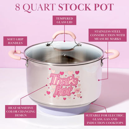 Stainless Steel Stock Pot with Iconic Color Changing "That'S Hot" Heat Indicator Decal, Features Soft Grip Handles and Measure Marks, 8-Quart, Pink2