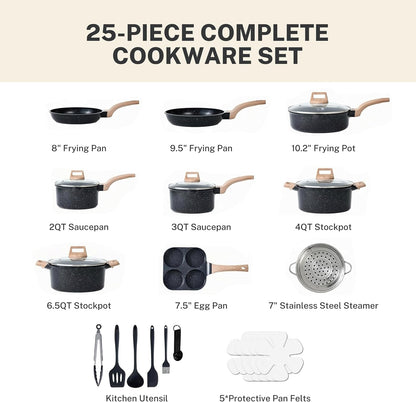 25Pcs Ceramic Cookware Set, Non-Toxic Nonstick Cooking Pots & Pans with Heat Resistant Grips, Complete Induction Compatible Kitchen Kit Including Multi-Size Frying Pans, Black2