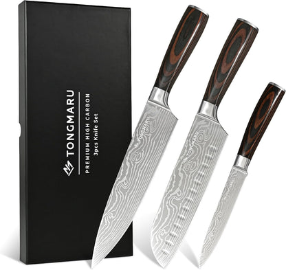 Professional Kitchen Chef Knife Sets, Razor Sharp Premium High Carbon German Steel 3 Pcs Knife Set, Ergonomic Forged Pakkawood Handle, Chef, Santoku & Utility Knife, with Premium Gift Box, for Family1