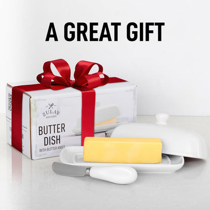 Ceramic Butter Dish with Lid for Countertop & Stainless Steel Knife – Keeps Butter Soft & Fresh – White Butter Dish with Easy-Grip Knob, Durable & Everyday Butter Holder for Home - White5