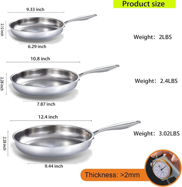 Tri-Ply Stainless Steel Frying Pan Set 8”/10”/12”Kitchen Skillet | Stainless Steel Pan Cooking Heat Fast and Evenly Compatible with All Cooktops Dishwasher and Oven Safe7