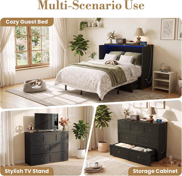 Queen Murphy Bed with Hidden Storage, Farmhouse Cabinet Bed with Storage Drawer, RGB LED Lights & Charging Station, Space-Saving Wall Bed with 6 Metal Legs, Black4