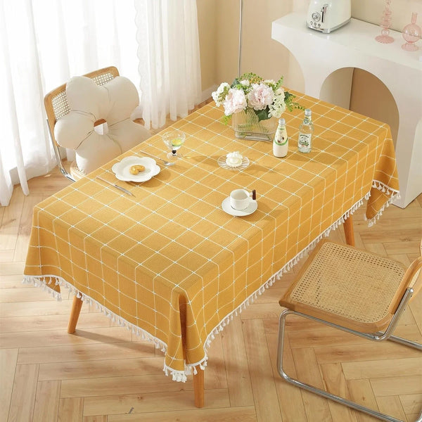 Rustic Plaid Cotton Linen Tablecloth Checkered Waterproof with Tassel Table Cover Decoration for Kitchen Dining Christmas Party 55" X 70", Rectangle, Yellow, 4-6 Seats3