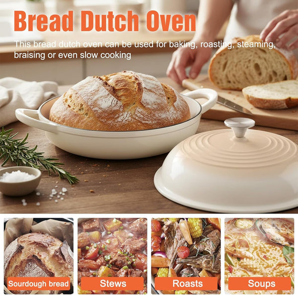 Enameled round Cast Iron Bread Oven, 6 Qt Cast Iron Dutch Oven for Homemade Sourdough Bread Baking, Bread Pot with Dome Lid (White)7